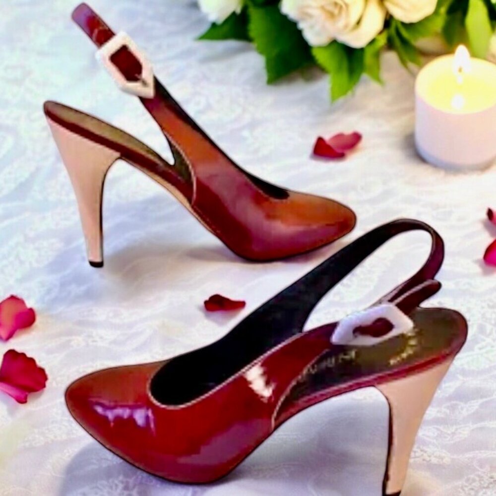 Yves Saint Laurent Patent Leather Buckle Slingback Pump Contrast Heels Womens 8